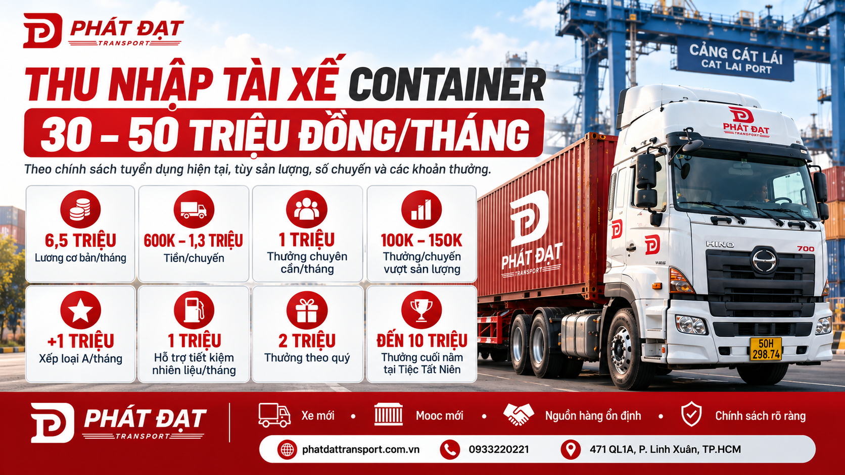 Phát Đạt Transport đang tuyển lái xe container với thu nhập 30–50 triệu/tháng